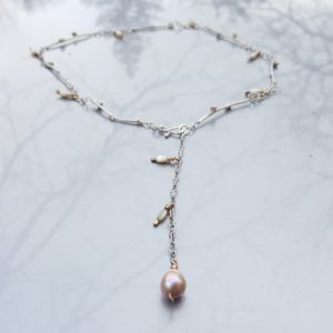 On Blossoming Sterling Silver Handmade Chain with Seed Pearls suspended on 18k yellow gold and dangling Baroque Pearl