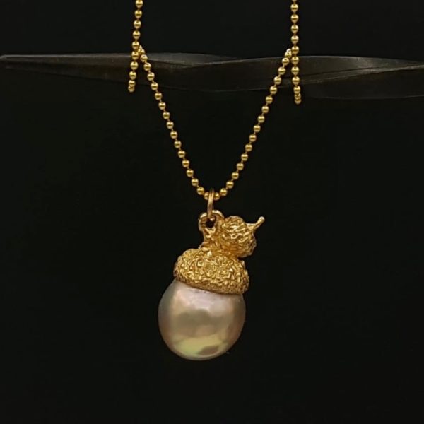 14K Solid Gold Baroque Pearl<br>Acorn Necklace