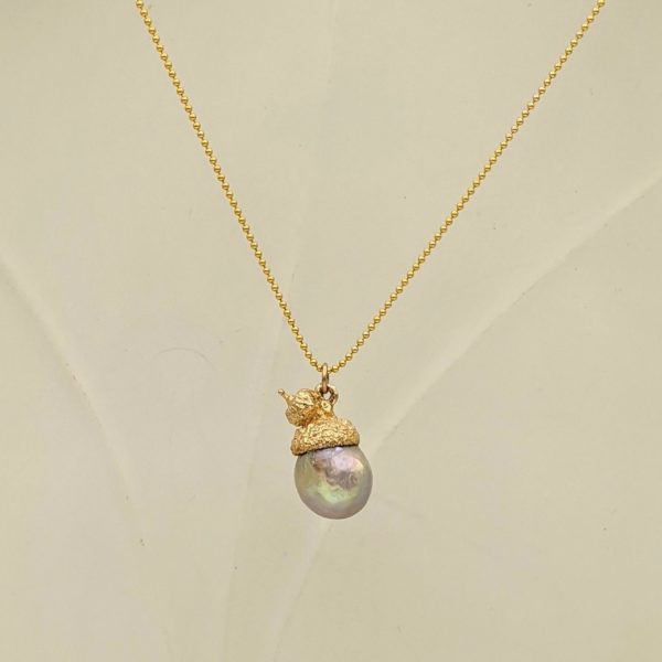 14K Solid Gold Baroque Pearl<br>Acorn Necklace - Image 2